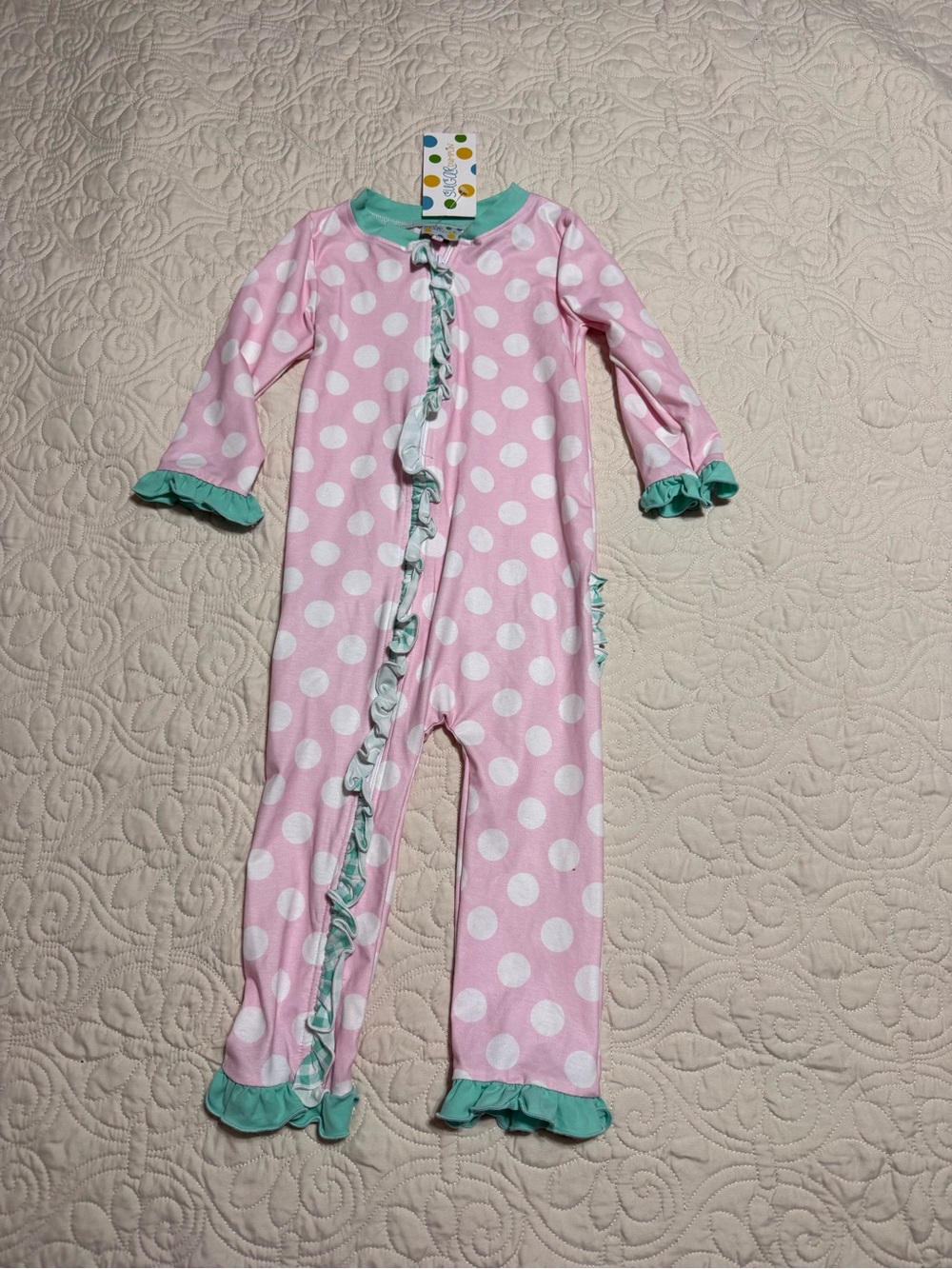 Girls toddler 2T Pink White Polka Dot mint green ruffles footless one piece